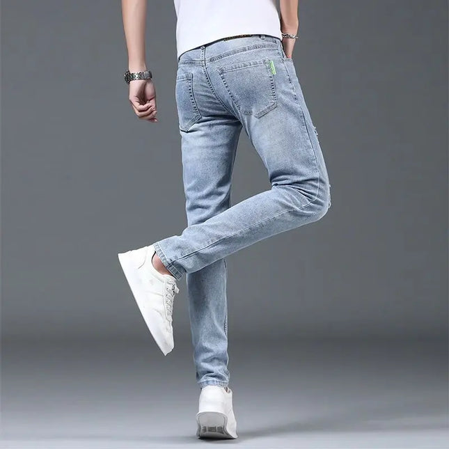 Men's Ripped Slim Fit Stretch Jeans – Straight Leg, Thin Fit Denim Pants for Men
