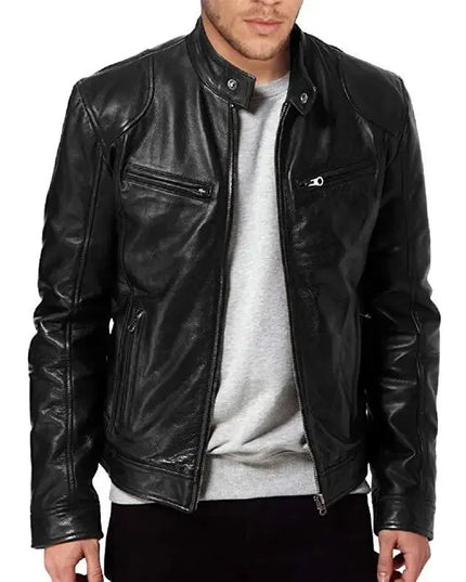 Men's Slim Fit Faux Leather Motorcycle Jacket - Short Lapel PU Coat with Zipper
