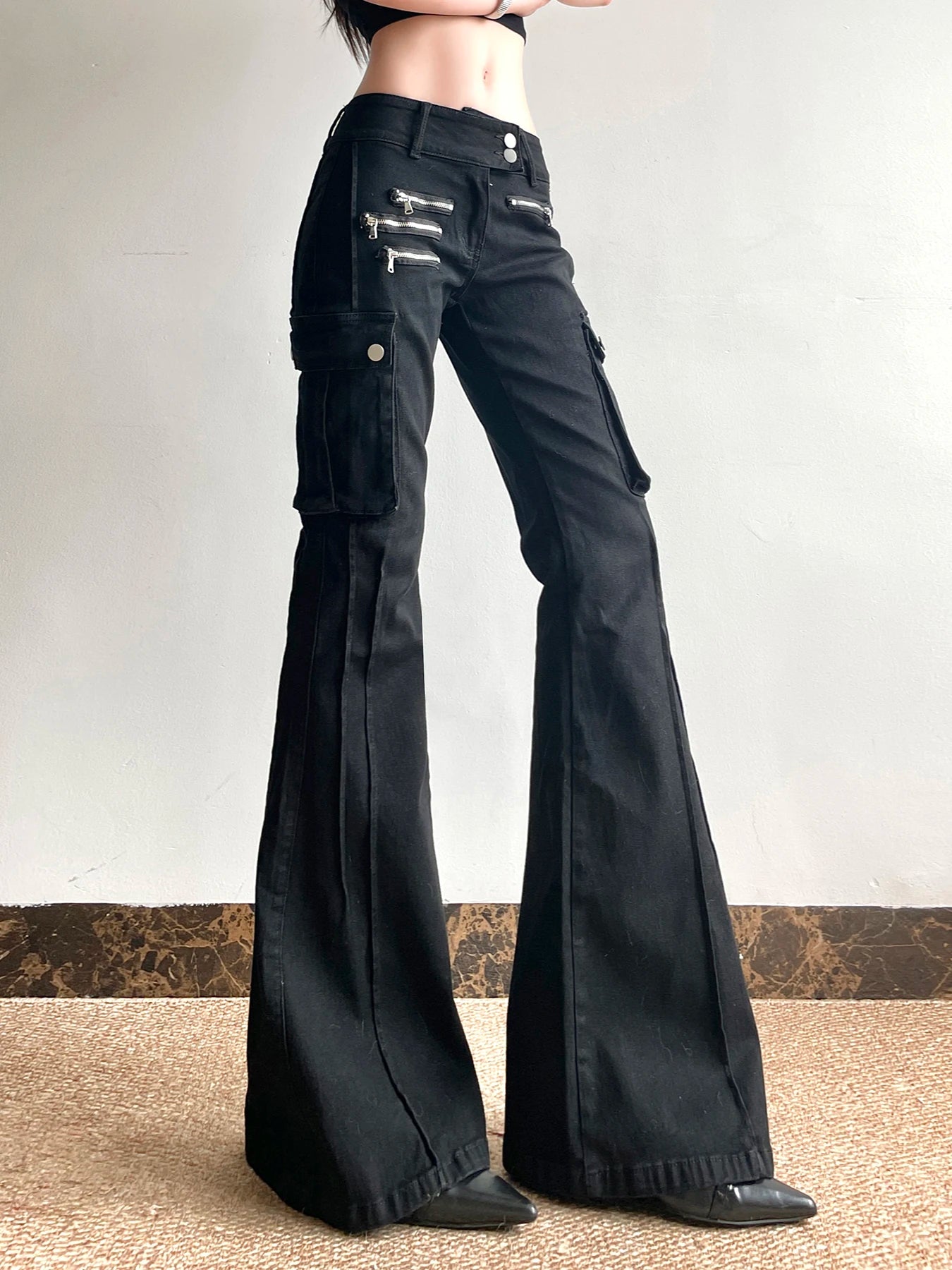 Rockmore Women's Black Slim Skinny Flare Jeans with Metal Zipper - Low-Waisted Fit