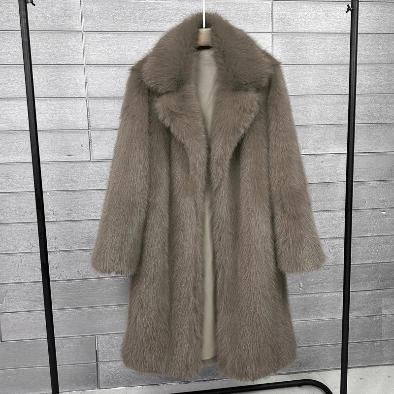 Women's Faux Fur Coat – Mid-Length Warm Trench Coat for Women