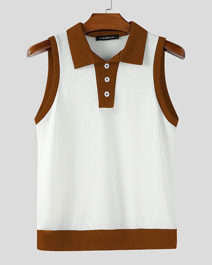 Incerun Men's Casual Tank Top with Patchwork Lapel and Button Detail