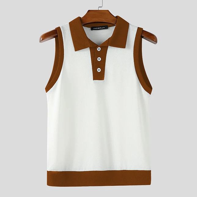 Incerun Men's Casual Tank Top with Patchwork Lapel and Button Detail