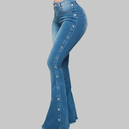 Women's High Waist Flared Jeans with Side Studded Buckle Decoration