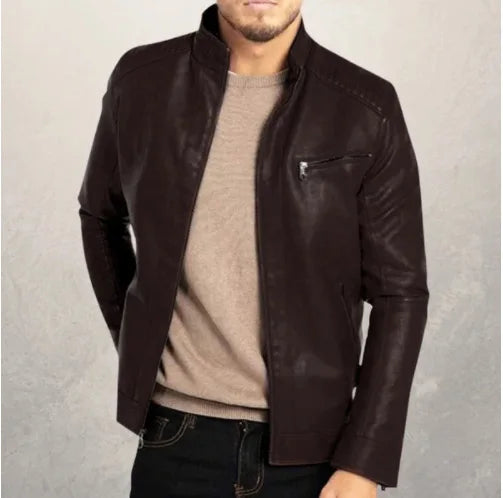 Men's PU Leather Jacket with Stand-Up Collar