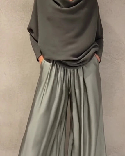 Women's Elegant Two-Piece Set - Slash Collar Off-Shoulder Top & Satin Wide-Leg Pants