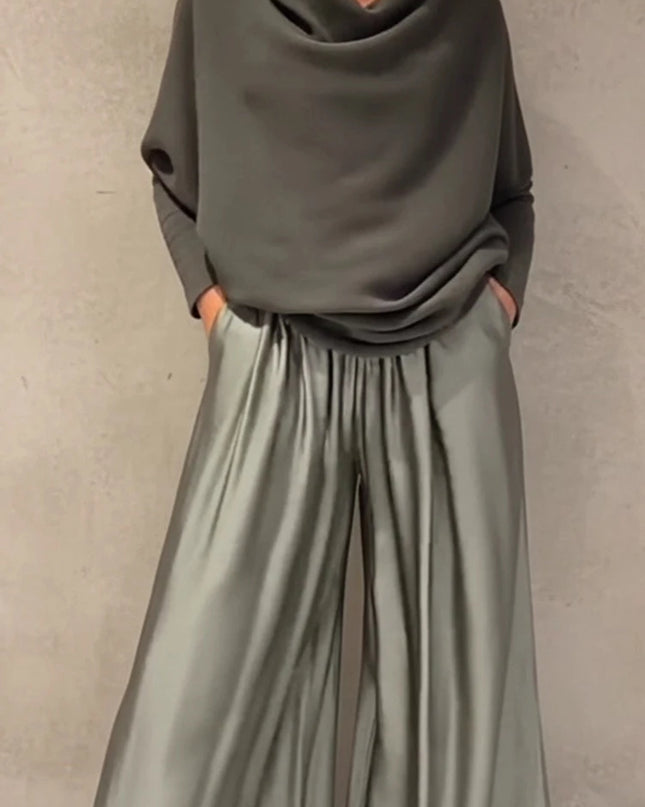 Women's Elegant Two-Piece Set - Slash Collar Off-Shoulder Top & Satin Wide-Leg Pants