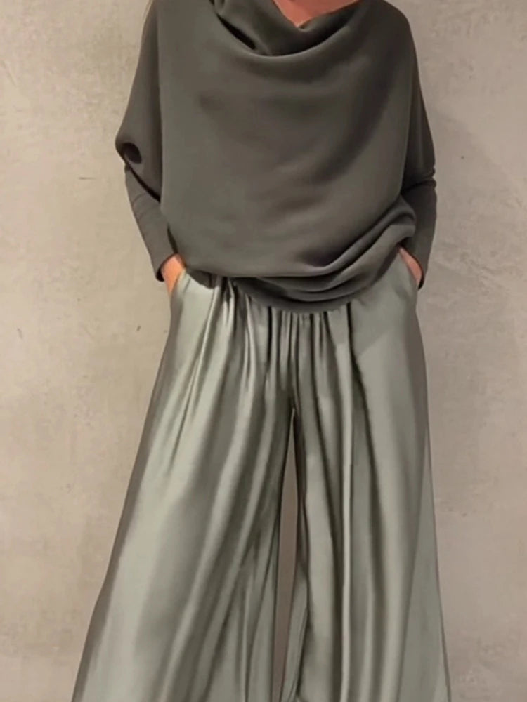 Women's Elegant Two-Piece Set - Slash Collar Off-Shoulder Top & Satin Wide-Leg Pants