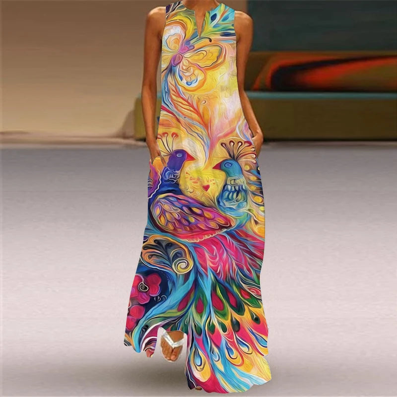 Women's Vintage Boho Printed Sleeveless V-Neck Maxi Dress