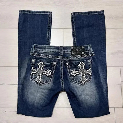 Women's Washed Loose Straight Jeans with Cross Logo