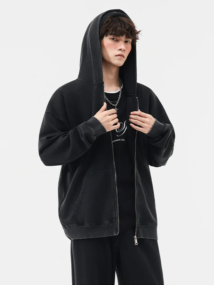 Men's Oversized Washed Faded Knit Zip-Up Cardigan