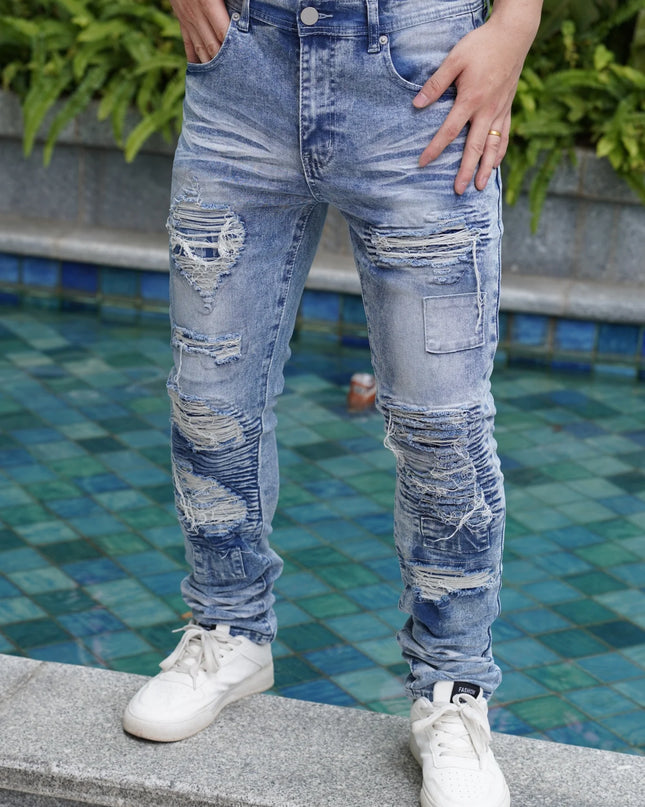 Men's Wide Leg Jeans with Distressed and Patched Design