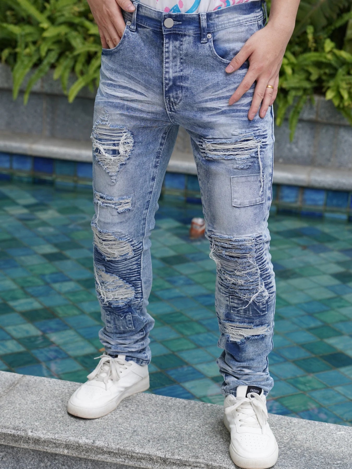 Men's Wide Leg Jeans with Distressed and Patched Design