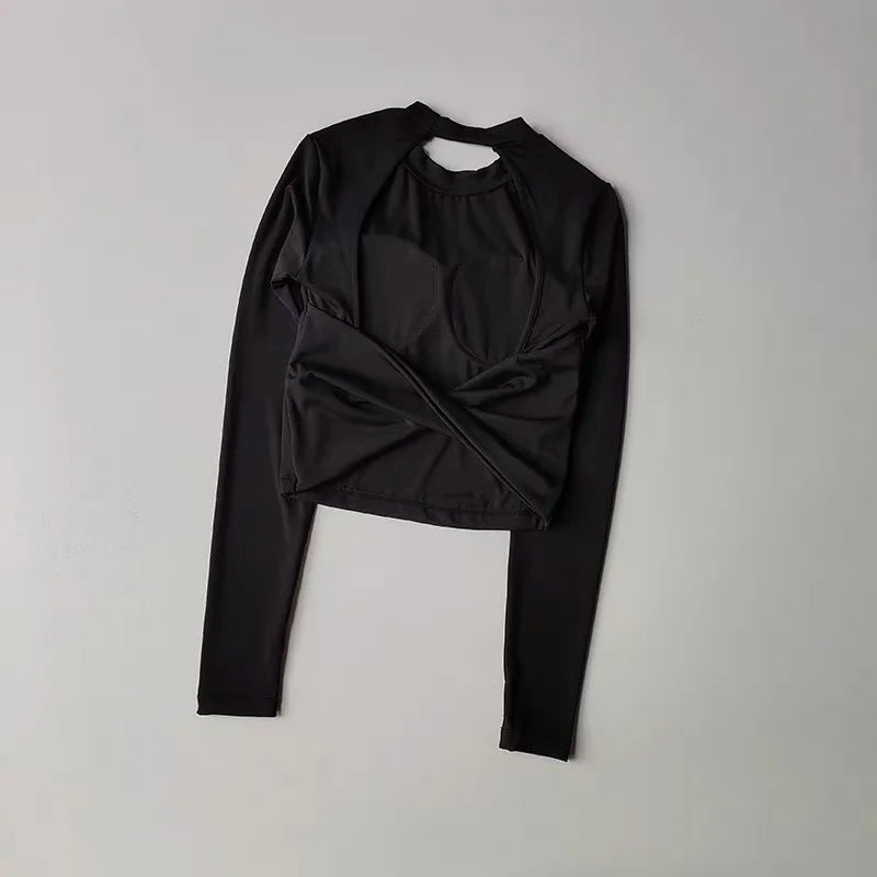 Long Sleeve Women's Yoga Top with Fixed Chest and Backless Design