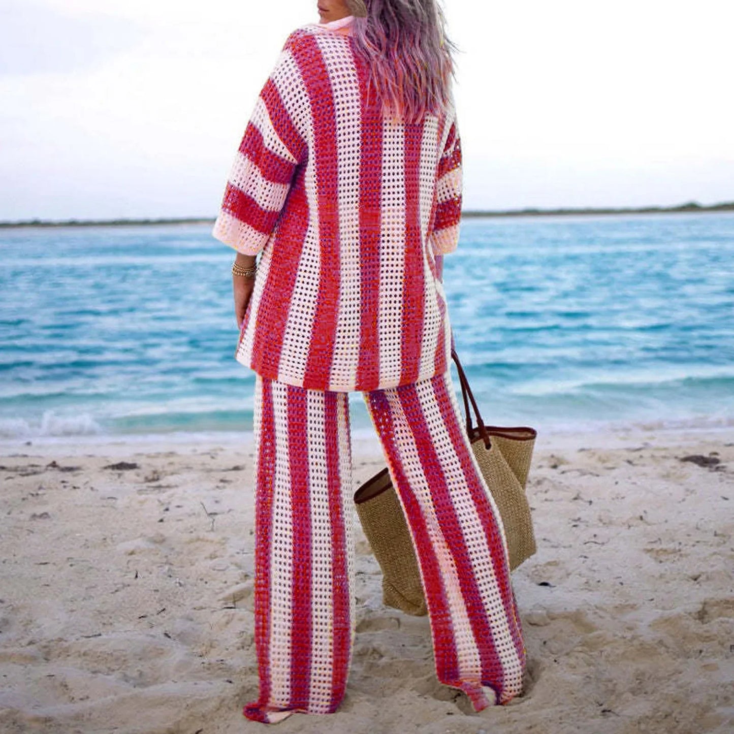 Women's Two-Piece Striped Knit V-Neck Hollow Out Button Top & Wide Leg Pants Set