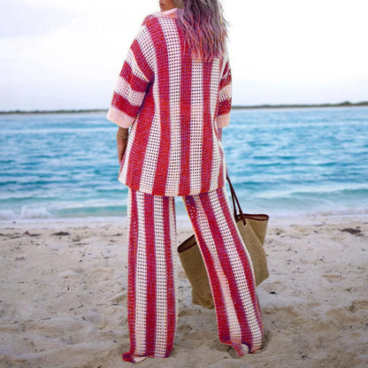Women's Two-Piece Striped Knit V-Neck Hollow Out Button Top & Wide Leg Pants Set