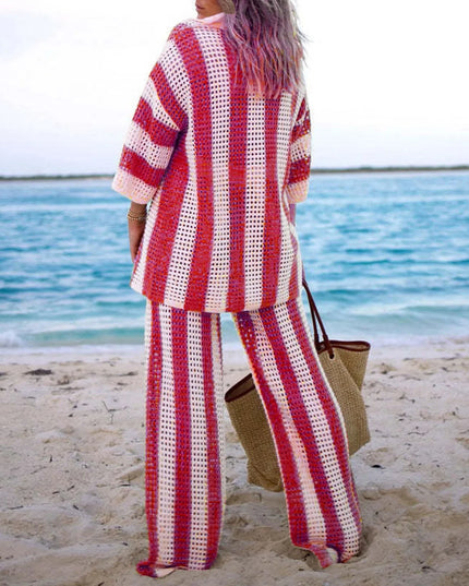 Women's Two-Piece Striped Knit V-Neck Hollow Out Button Top & Wide Leg Pants Set