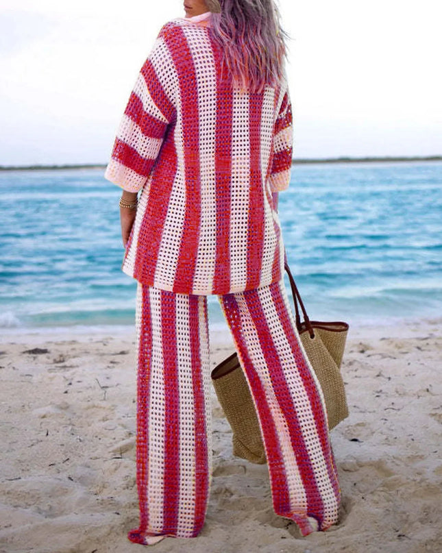 Women's Two-Piece Striped Knit V-Neck Hollow Out Button Top & Wide Leg Pants Set