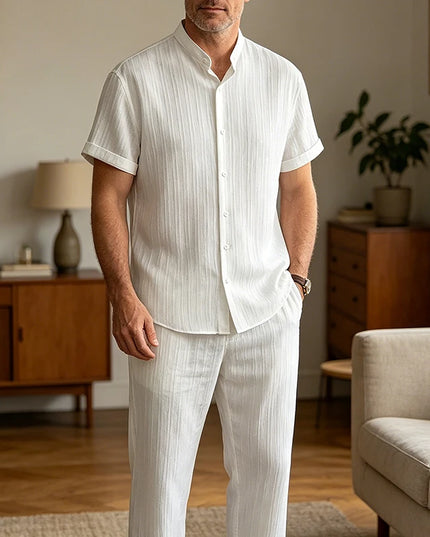 Men’s Jacquard Shirt and Drawstring-Waist Pants Set — Lightweight & Breathable