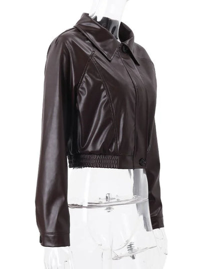 Women's Faux Leather Jacket with Turn-Down Collar