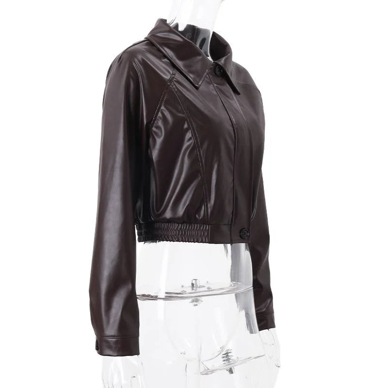 Women's Faux Leather Jacket with Turn-Down Collar