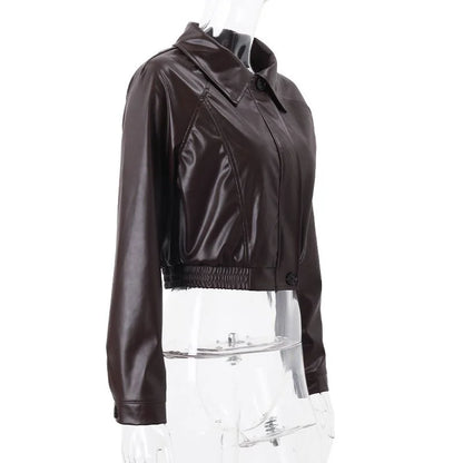 Women's Faux Leather Jacket with Turn-Down Collar