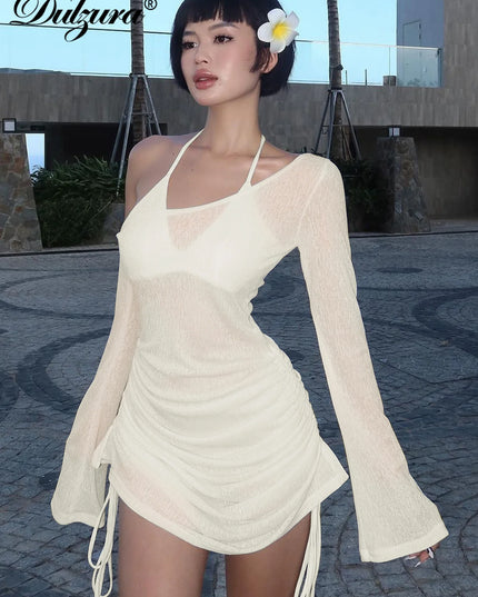 Women's Ruched Straps Lace-Up Sheer See-Through Drawstring Mini Dress