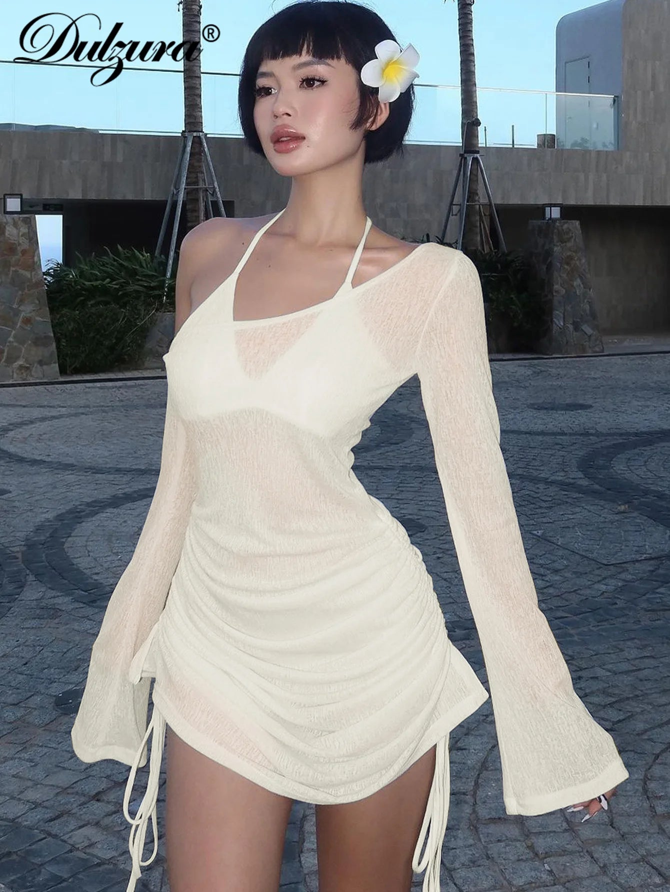 Women's Ruched Straps Lace-Up Sheer See-Through Drawstring Mini Dress