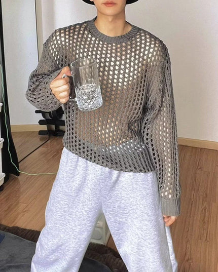 Men’s Loose-Fit Hollow-Knit Sweater with Round Neck