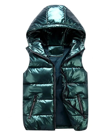 Women's Glossy Hooded Vest Jacket with Zipper Pockets - Classic Fit