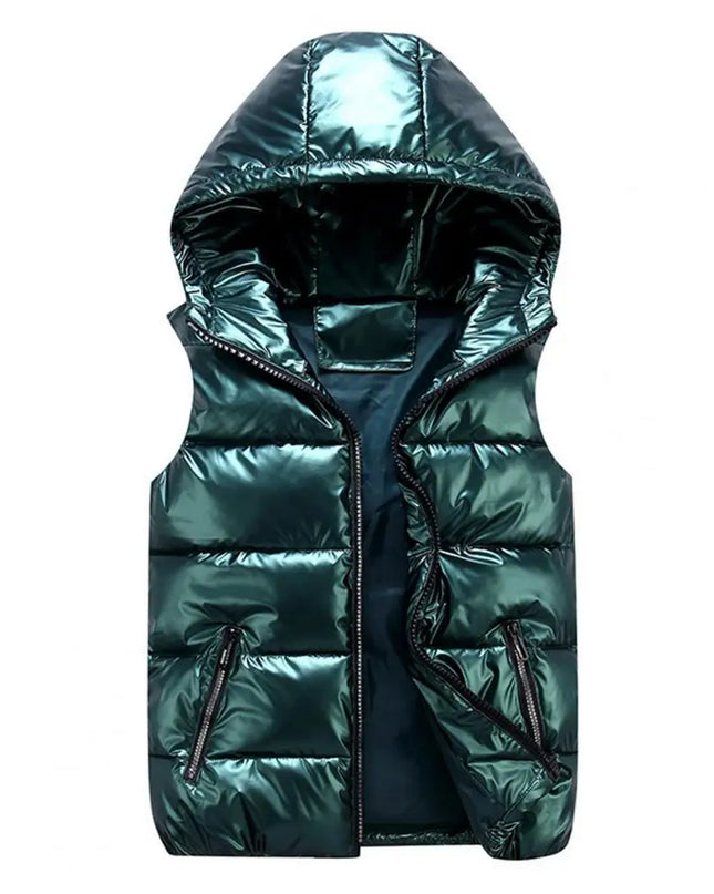 Women's Glossy Hooded Vest Jacket with Zipper Pockets - Classic Fit