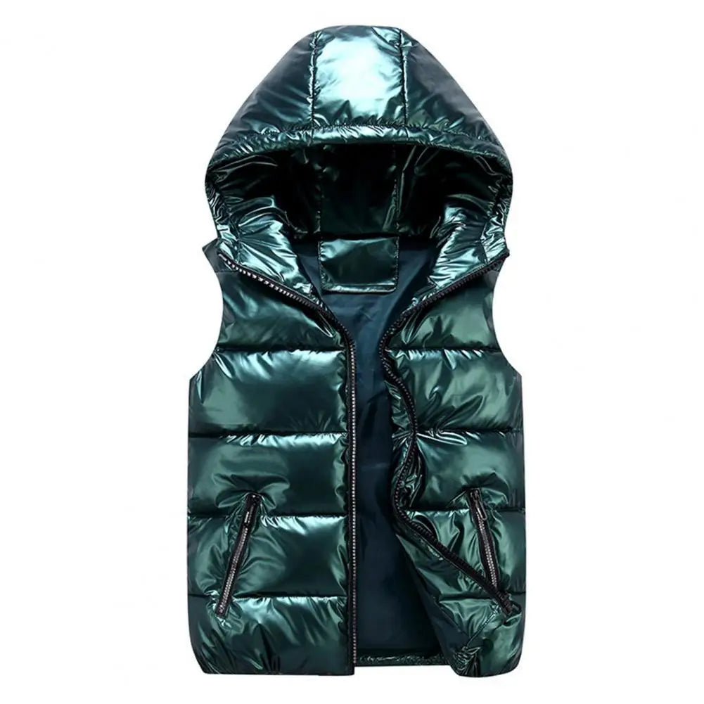 Women's Glossy Hooded Vest Jacket with Zipper Pockets - Classic Fit