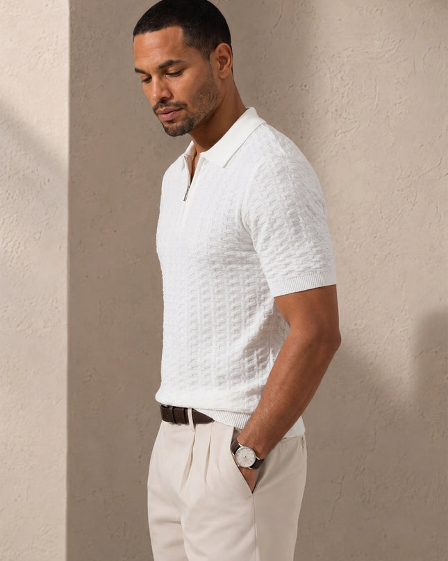Men's Textured Knit Polo Shirt with Short Sleeves and Half Zip Neck
