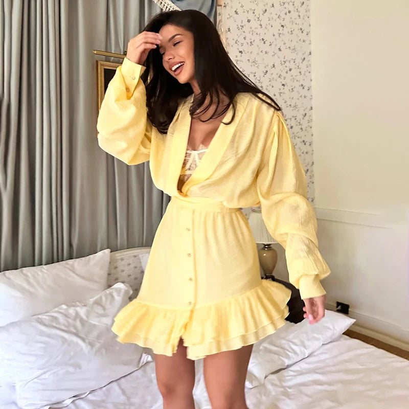 Women's Ruffled Shirt Dress with Deep V-Neck, Loose Lantern Sleeves