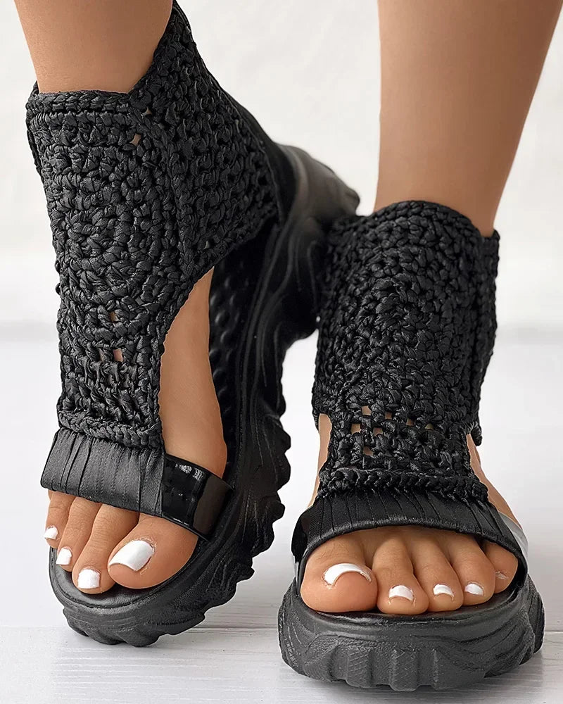Knitted Women's Sandals with Braided Elastic and Mesh, Flat Bottom Design