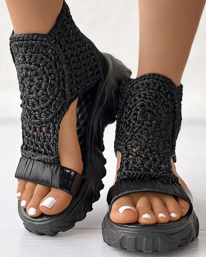 Knitted Women's Sandals with Braided Elastic and Mesh, Flat Bottom Design