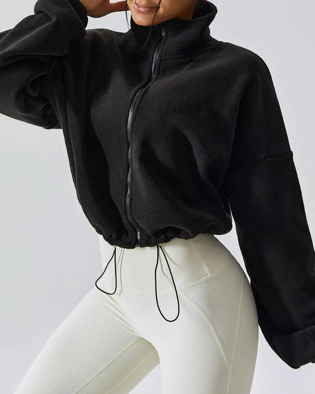 Women Crop Coat   Casual Fleece Jacket   With Stand Collar Loose Lined Outerwear