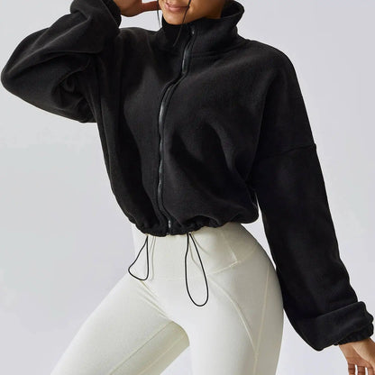 Women Crop Coat   Casual Fleece Jacket   With Stand Collar Loose Lined Outerwear