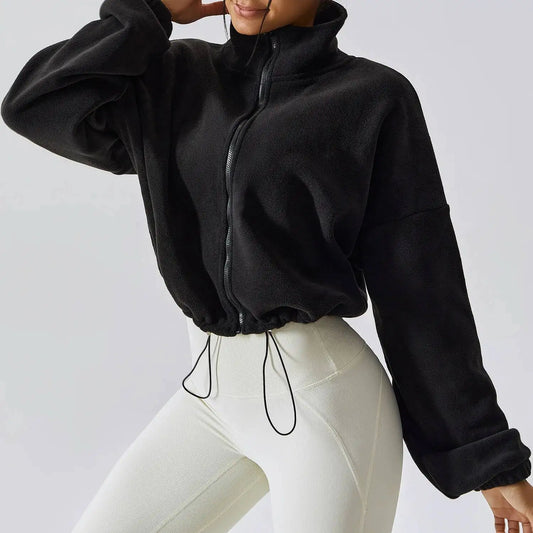 Women Crop Coat   Casual Fleece Jacket   With Stand Collar Loose Lined Outerwear