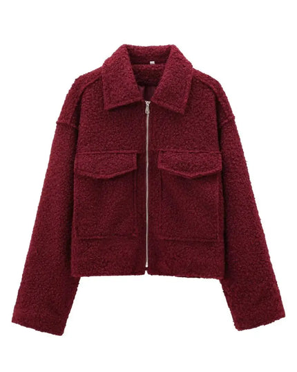 Women's Long Sleeve Woolen Zipper Jacket with Pockets