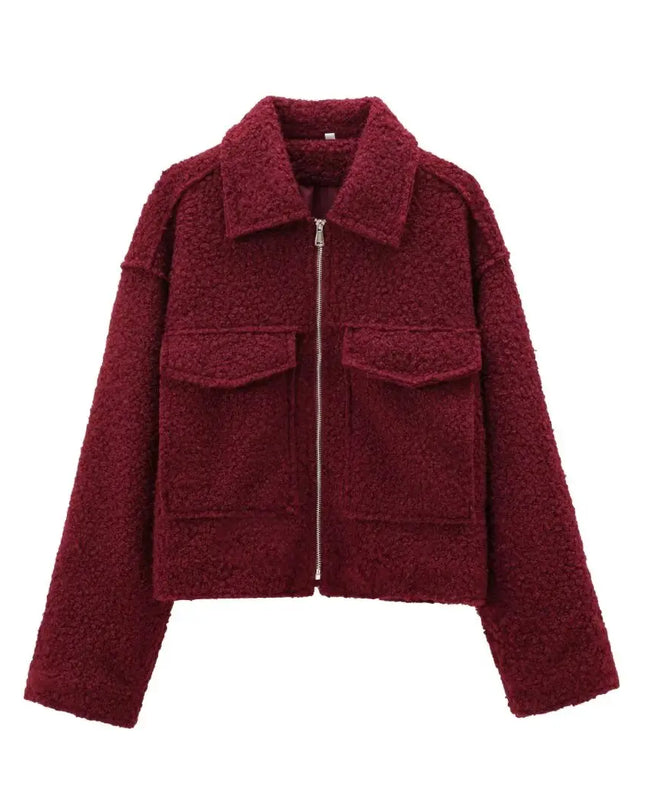 Women's Long Sleeve Woolen Zipper Jacket with Pockets