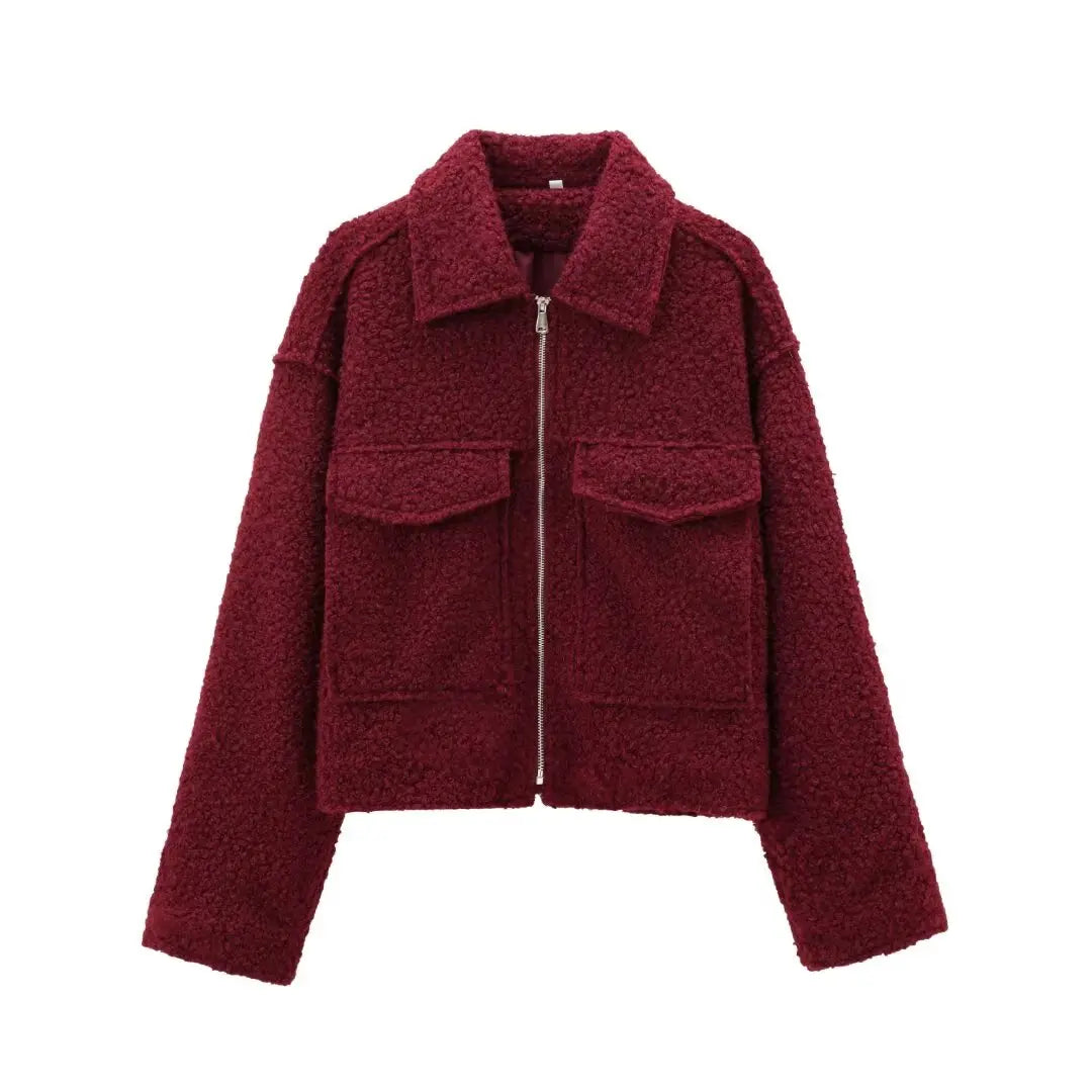 Women's Long Sleeve Woolen Zipper Jacket with Pockets