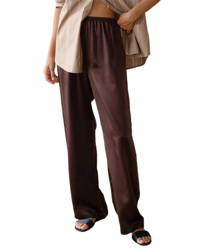 Women's Satin Wide Leg Pants - Casual High Waist Elastic Waistline