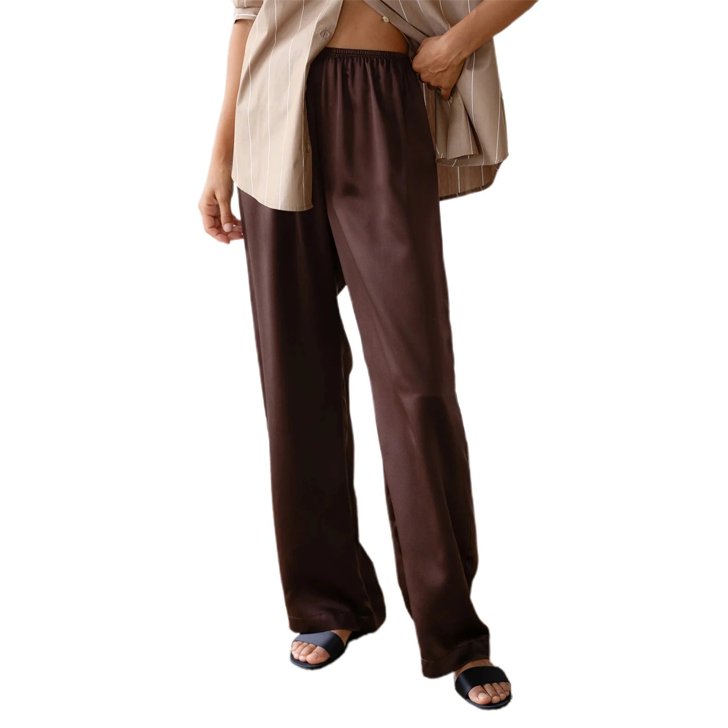 Women's Satin Wide Leg Pants - Casual High Waist Elastic Waistline