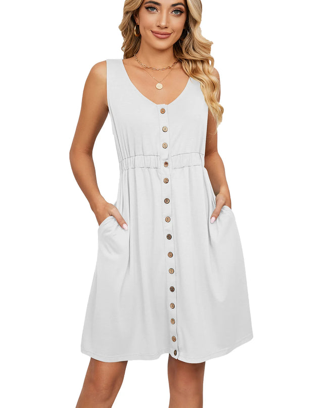 Women’s Sleeveless Button-Down Dress with Elastic Waist – Swing Style, Loose Fit