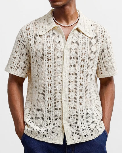 Men's Crochet Short Sleeve Casual Button-Down Shirt