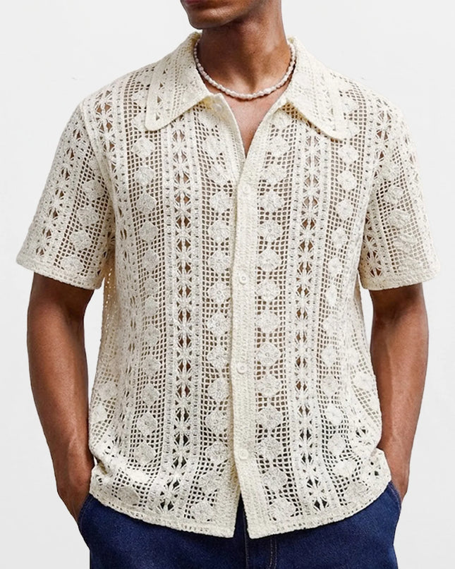 Men's Crochet Short Sleeve Casual Button-Down Shirt