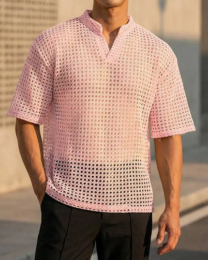 Incerun Men's Hollow Out V-Neck Short Sleeve T-Shirt - See-Through Loose Fit