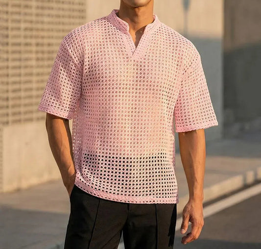 Incerun Men's Hollow Out V-Neck Short Sleeve T-Shirt - See-Through Loose Fit