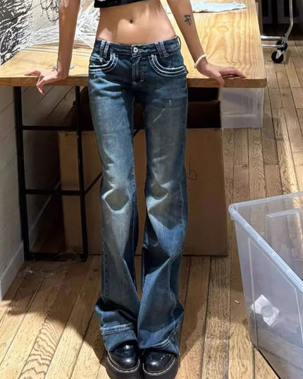 Vintage High Street Low-Waisted Wide Leg Flared Denim Jeans for Women