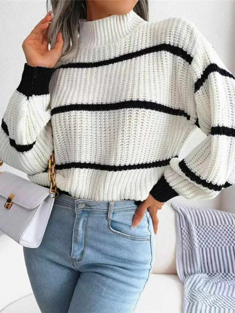 Women's Striped Sweater with Half High Collar